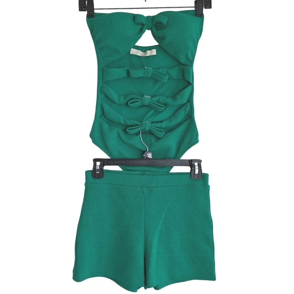 Pura Swimsuit Set Women P Green Bow Cutout Bandeau One Piece & Shorts Stretch